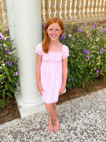 Smocked Short Sleeve Dress, Pink Stripe