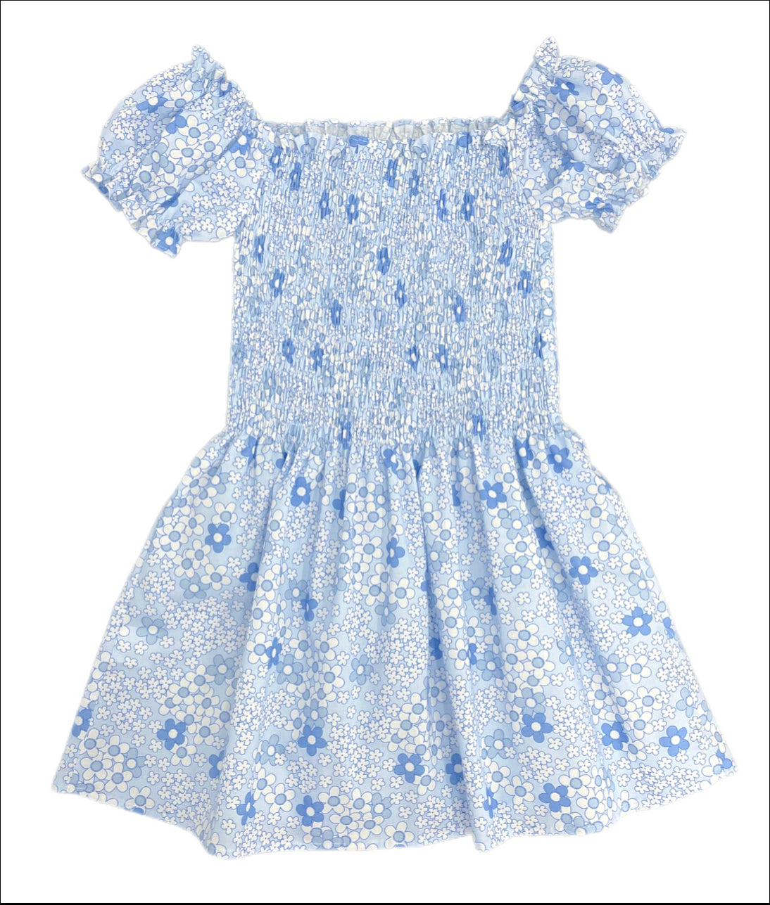 Smocked Short Sleeve Dress, Blue Floral