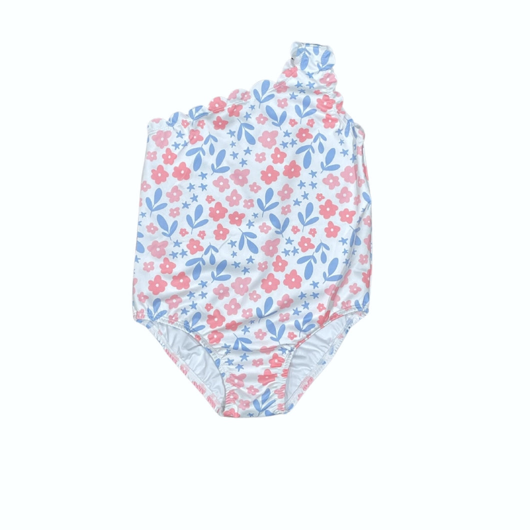 One Piece Scalloped Swimsuit, Pink and Lavender Floral