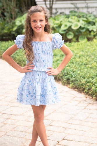 Smocked Ruffle Skirt, Blue Foral