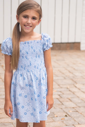 Smocked Short Sleeve Dress, Blue Floral