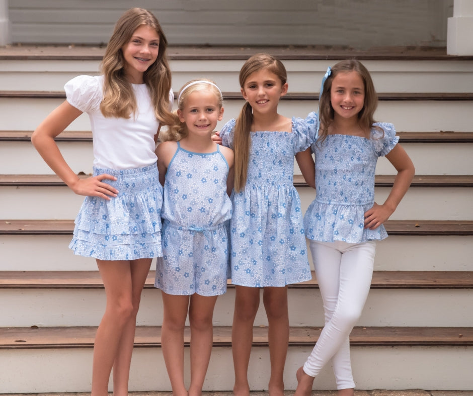 Smocked Short Sleeve Dress, Blue Floral