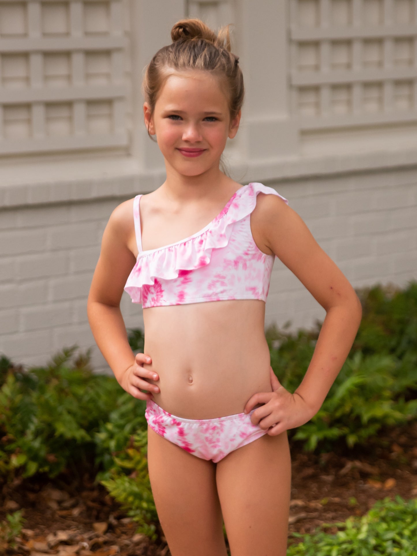 Two-Piece One Shoulder Ruffle Swim, Pink Tie Dye