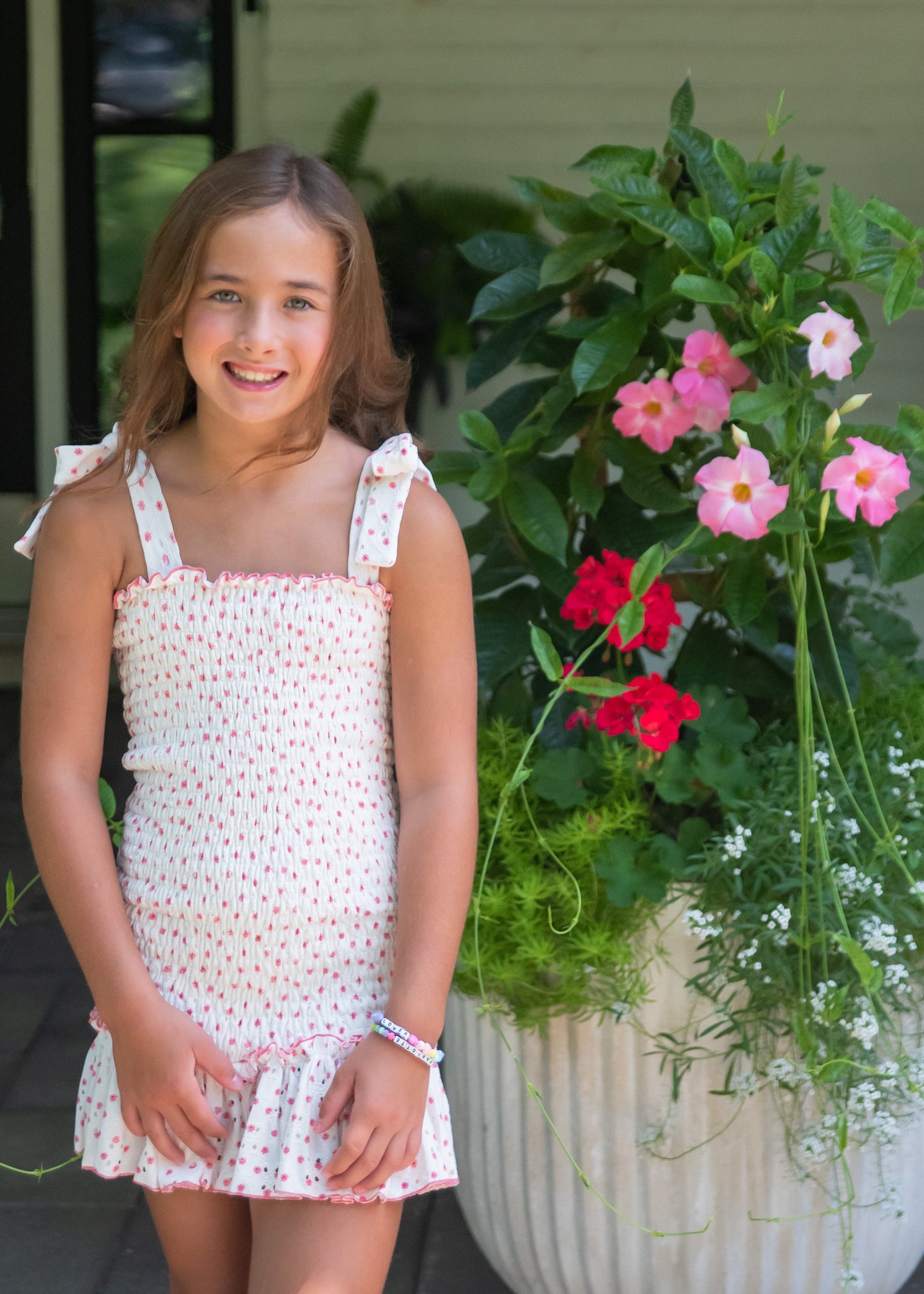 Smocked Tie Shoulder Dress BE, Pink Daisy Eyelet