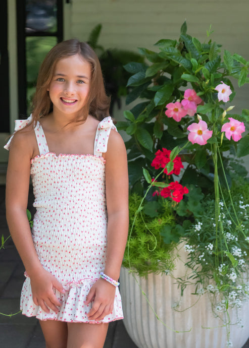 Smocked Tie Shoulder Dress BE, Pink Daisy Eyelet