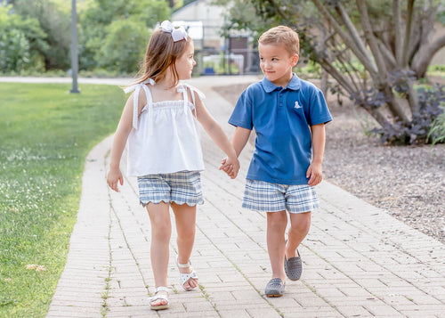 Blue Polo with White Puppy, Blue Plaid (Ready to Ship)